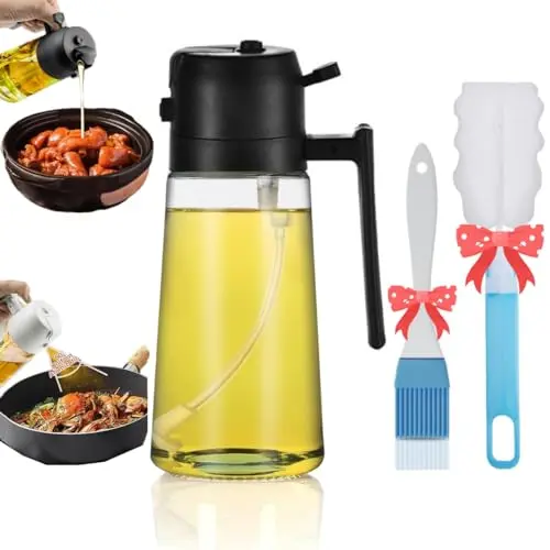 2 in 1 Upgraded Food-grade Oil Dispenser and Mister, 16oz/470ml for Cooking, Olive Oil Sprayer Bottle with Brush for Air Fryer, Salad, BBQ (Black)