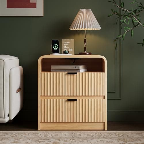 FURSUN 24" Fluted Nightstand with Charging Station, Wooden End Table with 2 Drawers Storage, Curved Profile Design, Modern Bedside Cabinet for Bedroom, Natural Oak