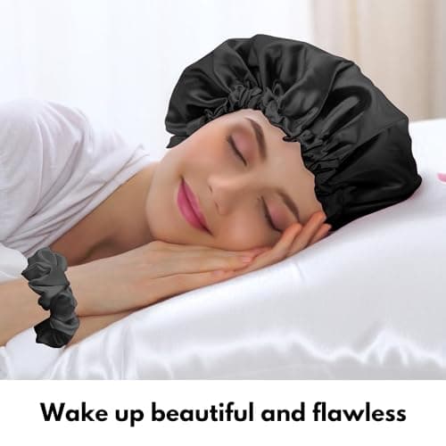 ColourNest ColourNest Satin Pillowcase Set for Hair and Skin 2 Pack, Silky Satin Pillowcases with Envelope Closure, Includes Satin Scrunchie and Bonnet, Standard Size 20x30 Inches, Black 6