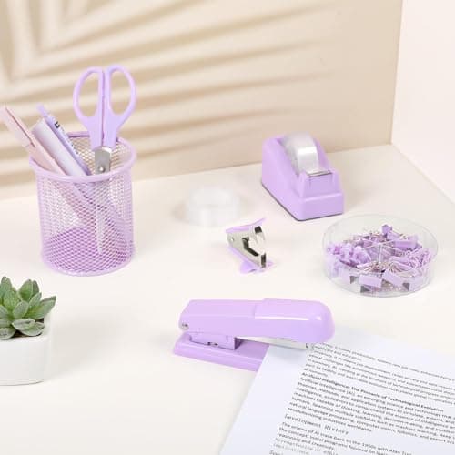 SKYDUE Purple Desk Accessories, Purple Office Supplies Set, Stapler, Tape Dispenser, Scissors, Binder/Paper Clips and 1000pcs Staples,Office Supplies for Women 8