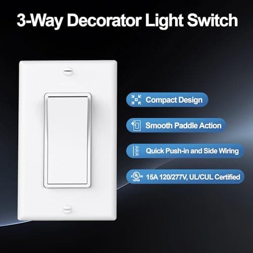 ThunderWay 3 Way Decorator Light Switch with Wall Plates, 15A 120/277V Decora Three Way Electrical Wall Paddle Rocker Switches Replacement, Residential Grade, UL Listed, Glossy White(10 Pack) 2