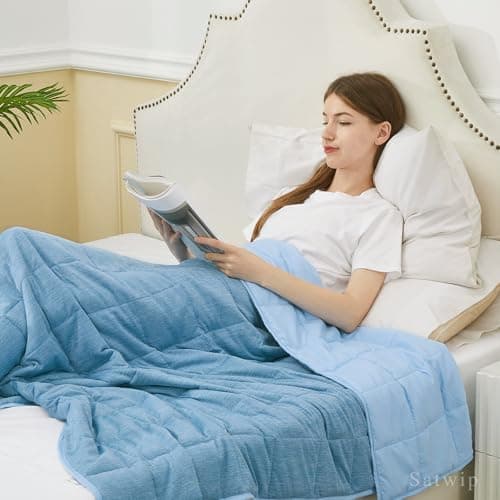 Satwip Cooling Weighted Blanket 15 lbs Cool Moire Jersey Bed Blanket Twin Size for Hot Sleeper with Soft Breathable Sanded, 48 x 72 inches, Blue 5