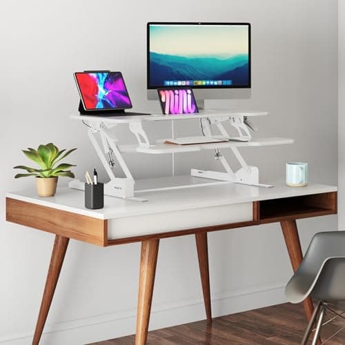 Mount-It! Standing Desk Converter White 38” Wide Height Adjustable Stand Up Desk Riser, Desk Topper with Gas Spring, Desktop Standing Desk with Keyboard Tray Fits Two Monitors 6