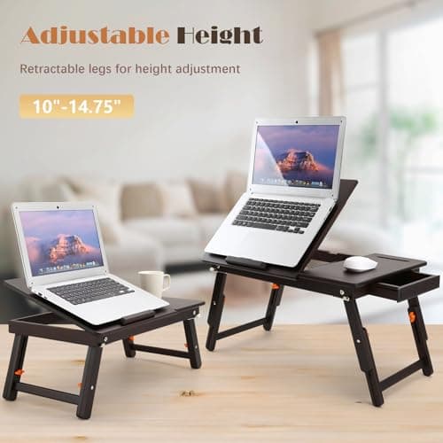 Laptop Desk for Bed with Fan Nnewvante 7 Angles & 4 Heights Adjustable Bamboo Laptop Table Foldable Lap Desk with Drawer and Phone Slot for Bed Floor Sofa, Black Walnut 6