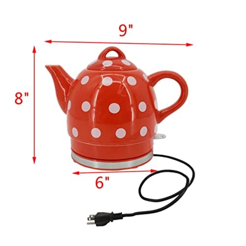 FixtureDisplays® Red Ceramic Electric Kettle with White Polka Dots 1 Liter 1000 Watts 110V Water Max Level Protection Auto Shut Off Heavy Metal Free 13581-SPECIAL-B 5