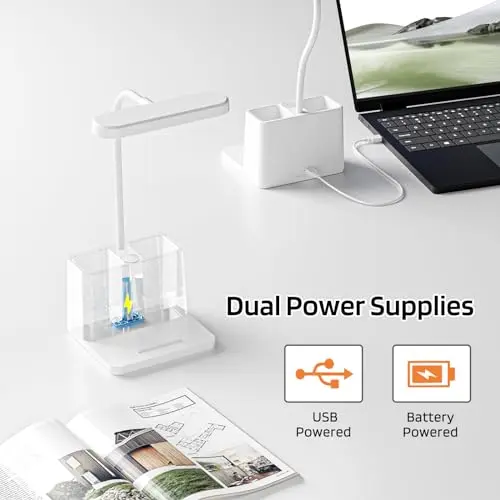 AXX Rechargeable Small Desk Lamp for Home Office Bedroom, Study Table Light for Kids Teens, White, LED, Pen Holder, Mini, Gooseneck, College Dorm Room Lighting for Computer Keyboard Desktop Task 5