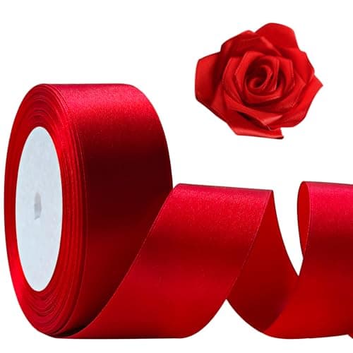 Flezoo 25 Yards Red Satin Ribbon 1 1/2inch, Single Face Polyester Silk Fabric Hair String Ribbon for Craft, Flower Bouquets, Gift Wrapping, Wedding, Bow Making and Valentines Decoration