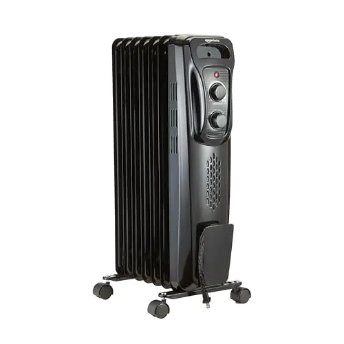 Amazon Basics Portable Oil Radiator Heater, Indoor Use, 3 Heat Settings, Over-Heat Protection, ETL-certified Safety, 7 Oil-Filled Steel Fins, 1500W, Tip-Over Protection, 11"D x 14.8"W x 25.2"H, Black