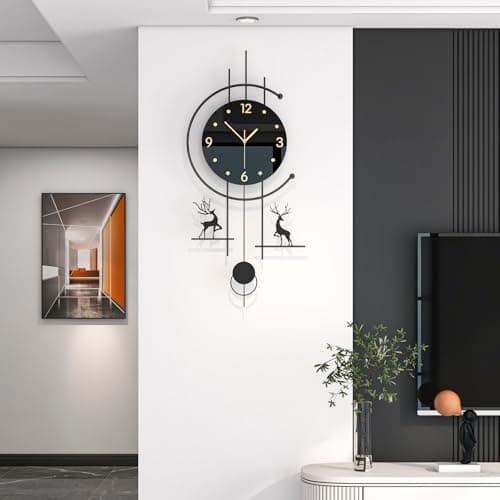 JUJUDA Large Black Wall Clock for Living Room Decor 14 Inch Big Metal Minimalist Decorative Wall Clock with Pendulum Battery Operated Non Ticking Silent Modern Clock for Kitchen Office Bedroom Decor
