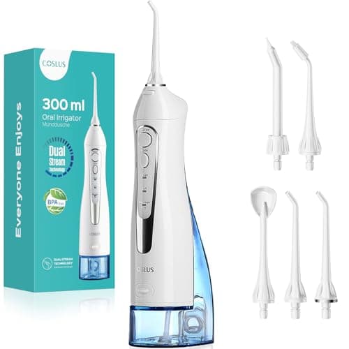 COSLUS Water Dental Flosser Teeth Pick C20(F5020E): Portable Cordless Oral Irrigator 300ML Rechargeable Travel Irrigation Cleaner IPX7 Waterproof Electric Flossing Machine for Teeth Cleaning, White