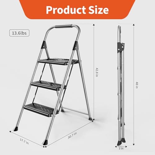 DIAMONDFORGE 3 Step Ladder, Folding Step Stool with Anti-Slip Wide Pedal, Soft Handle, Anti-Slip Feet, Sturdiest Steel Construction, 900lbs Capacity Steel Ladder for Home and Office, Grey 7