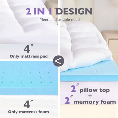 SINWEEK Dual Layer 4 Inch Memory Foam Mattress Topper Full Size, 2 Inch Cooling Gel Memory Foam Plus 2 Inch Extra Thick Pillowtop Cover, Pressure Relieve Soft Mattress Pad,Blue 8