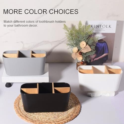 Toothbrush Holders for Bathrooms, Bamboo Tooth Brush Holder with 5 Slots Bathroom Vanity Organizer Countertop for Electric Toothbrushes, Toothpaste, Razors - Black 5