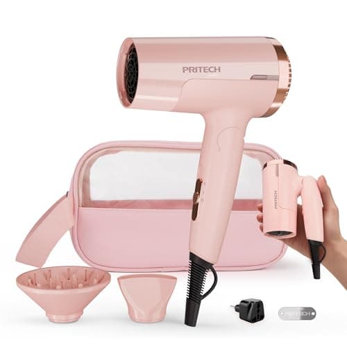PRITECH 1250W Dual Voltage Travel Hair Dryer - Foldable Blow Dryer with Concentrator Diffuser,110V/220V Worldwide Use, Compact Lightweight Design, EU Plug Included