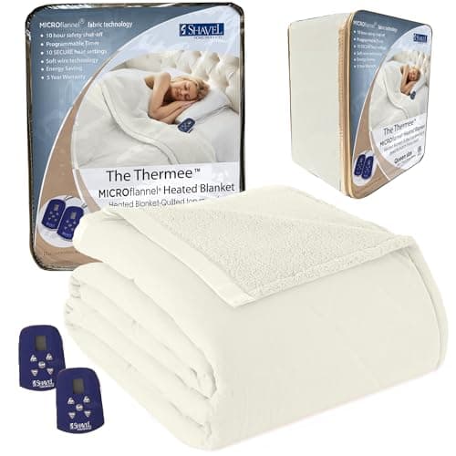 Thermee Micro Flannel Heated Blanket with Sherpa Back, 10-Setting Programmable Electric Blanket - Queen Size, Ultra-Soft Heated Throw - Sand