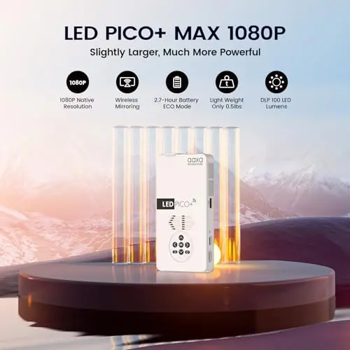 AAXA LED Pico+ MAX Mini Projector, 2.7 Hour Battery, DLP 1080P, Wireless Mirroring, Mini-HDMI, Onboard Media Player & Speakers, BT, Micro SD/USB Readers, Pocket Portable Movie Projector (Renewed) 6