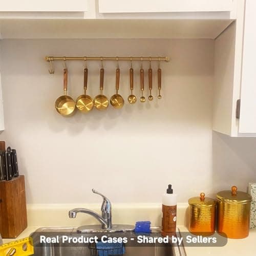 OKEPOO 304 Stainless Steel Kitchen Utensil Hanger - 30 Inch Wall Mount with 15 Noiseless Sliding Hooks, Pots and Pans Hanging Rack, Organizer Storage Perfect for Organizing Cooking Tools, Golden 5