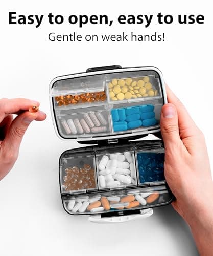 Travel Pill Organizer - Airtight Medicine Case for Traveling Portable Pharmacy Box with Labels Vitamin Container 8 Compartment Supplement Medication Holder Large Capacity Daily (Black) 9