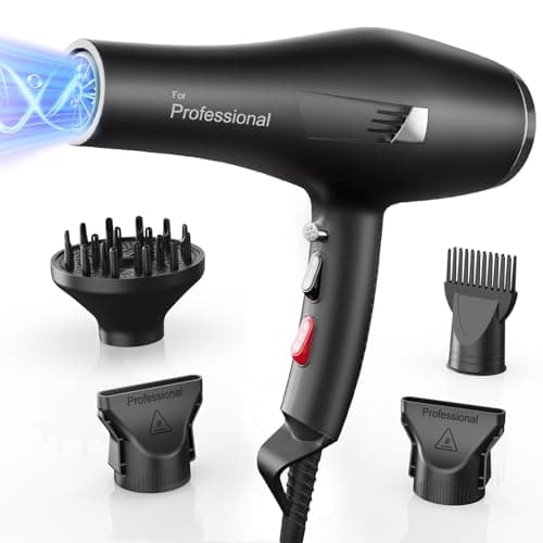 Dekuri Professional Ionic Hair Dryer AC Motor Fast Drying Salon Blow Dryer with Diffuser, Comb, Nozzle, Concentrator, for Curly and Straight Hair, 2 Speed & 3 Heat Setting, Cool Button(Black)