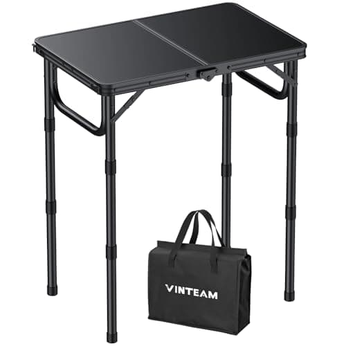 VINTEAM Camping Folding Table with Adjustable Height, Lightweight Portable Outdoor Picnic Table, BBQ Grill Side Table, Durable Aluminum Frame, MDF Desktop for Camping, Fishing, RV, Beach (Black)