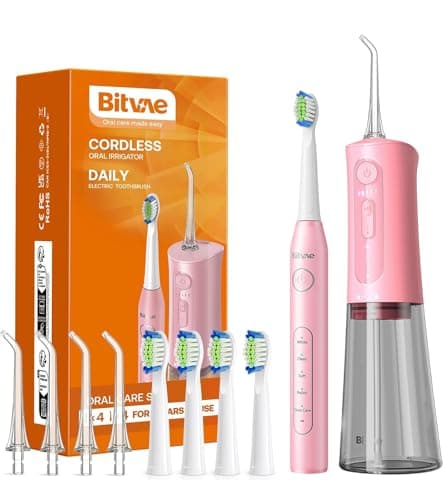Bitvae Water Dental Flosser Teeth Picks - Cordless Portable Oral Irrigator, 5 Modes Sonic Electric Toothbrush with 3 Modes & 5 intensities Water Teeth Cleaner Combo, Quartz Pink