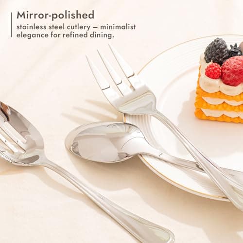 KINGSTONE 8 Piece Teardrop Serving Utensils Set, 18/10 Stainless Steel Serving Utensils, Slotted Spoons, Forks, Tongs, Cake Server, Butter Knife for Buffet, Catering, Wedding, Party 5