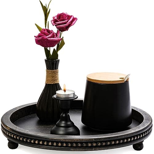 KULEDM Wooden Tray Decor, Small Beaded Coffee Table Tray Decor, Black Round Decorative Tray for Coffee Table, Dining Room Table Entryway and Living Room Table