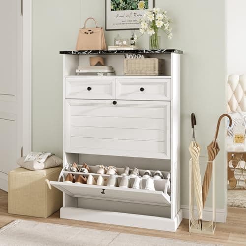 Maupvit Narrow Shoe Storage Cabinet with 2 Flip Drawers, Freestanding Shoe Cabinet Storage for Entryway, Shoe Organizer with 2 Drawers & Open Storage, Shoe Rack Organizer White