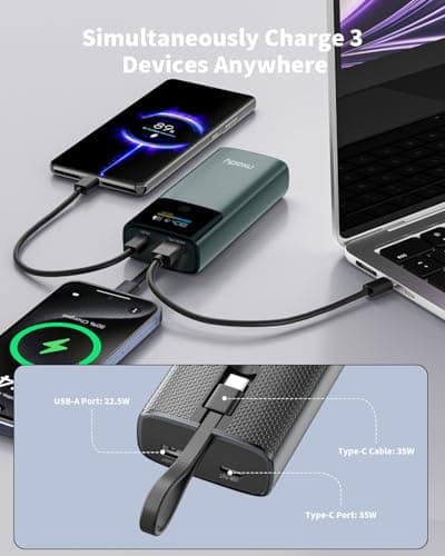 Miady Portable Charger, PD 35W Fast Charging Small Power Bank has Smart Digital Display Screen, 10000mAh Battery Pack Built-in USB-C Cable Compatible with iPhone 16/15 Galaxy S24/S22 Android and More 5