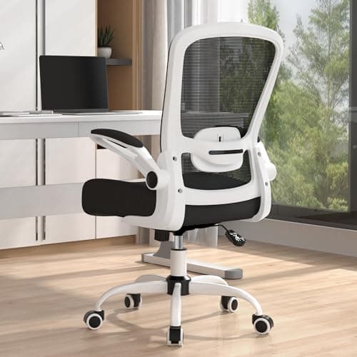 Mimoglad Ergonomic Office Chair - BIFMA Certified, Flip-up Armrests & 135° Recline, Adjustable Lumbar Support - Space-Saving Task Chair for Business/Team Office & Home (White Frame-Black, 350lbs)