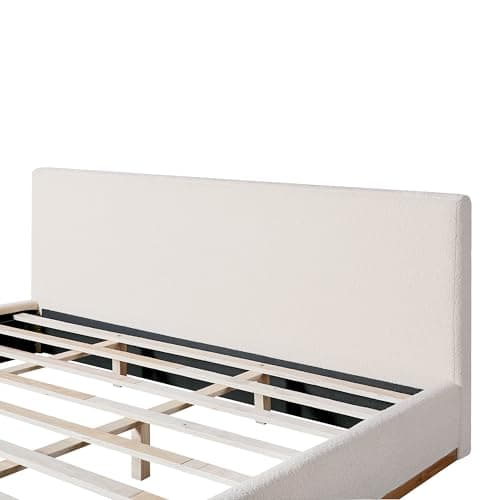 Merax King Size Bed Frame, Elegant Fabric Upholstered Platform Bed with Tall Padded Headboard for Bedroom, Solid Wood Slats Support, No Box Spring Needed, Easy Assembly, White 6