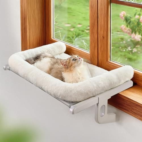 Zoratoo Cat Window Sill Perch with Large Bolster, Easy to Adjust & Assemble Cat Window Seat for Windowsill & Bedside, Pet Hammock Bed for Large Cats and Kittens (White, M)