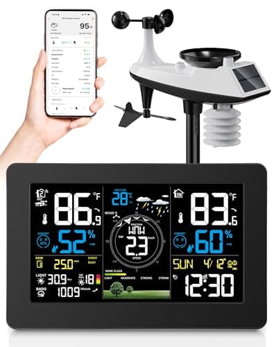 WiFi Weather Station Wireless Indoor Outdoor, Thermometer with Rain Gauge and Wind Speed/Direction, Large Display for Weather Forecast, Temperature, Humidity, Clock, Alarm, UV, Air Pressure, Black