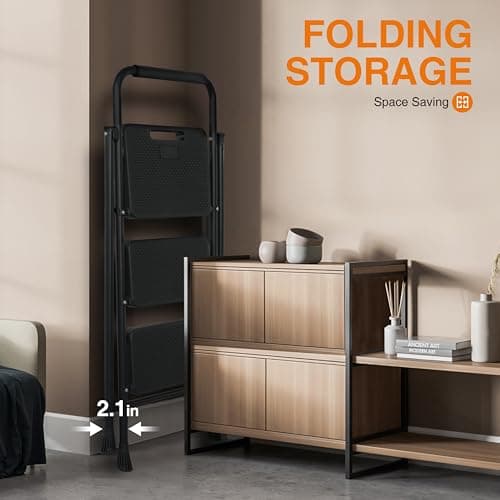 Step Ladder, Folding Step Stool with Wide Anti-Slip Pedals, Sturdy Steel Ladder with Handrail, Space-Saving, Portable for Home & Adults, 3 Step Ladder 6