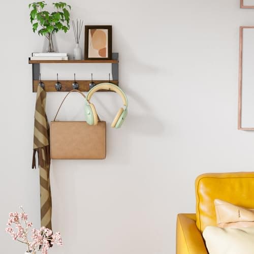 FNBAR Wall Hooks with Shelf, Wood Coat Rack with Shelf Wall-Mounted, Entryway Hanging Shelves with 5 Metal Hooks for Clothes Hats Towel Purse Robes, Bathroom Mudroom Bedroom, Rustic Brown 7