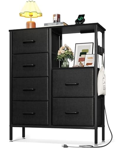 AODK Dresser for Bedroom with Charging Station, Fabric Dresser with 6 Storage Drawers and Shelves, Chest of Drawers for Closet Organizers and Storage, Living Room, Hallway, Black