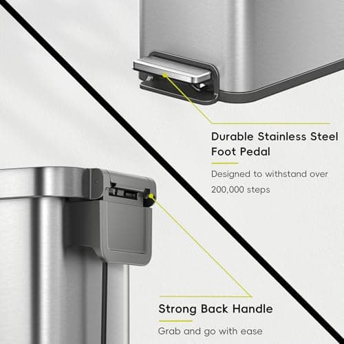 EKO Hudson Slim 50L / 13.2 Gallon Kitchen Trash Can with Lid, Stainless Steel Step Garbage Can for Kitchen or Home, Space-Saving Garbage Can with Soft Close Lid, Stay-Open, Liner Ring, Handle 7
