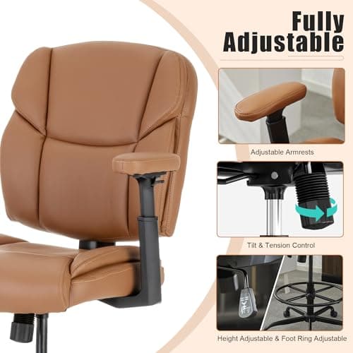 Okeysen Drafting Chair Standing Desk Chair, 500 LBS Leather Big and Tall Office Chair with Adjustable Armrests & Foot Ring, Modern Tall Desk Chair with Mid Back, Swivel Rolling Drafting Stool. 6