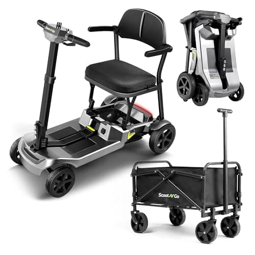 SCOOTNGO Mobility Scooters for Seniors, 4 Wheel Foldable Lightweight Airline Approved Mobility Scooter for Adults, Dual Batteries, Portable, No Assembly Needed (Silver Grey, with Folding Trailer)