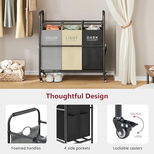 Tajsoon 3 Bag Laundry Sorter Cart, Laundry Hamper Sorter Basket with Heavy Duty Lockable Rolling Wheels for Clothes Storage, 3 Colors 5