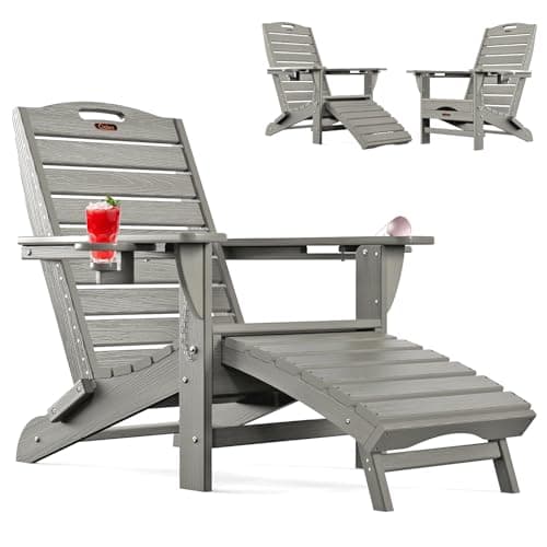 Ciokea Folding Adirondack Chair Fire Pit Chair Patio Adirondack Chair Weather Resistant with 2 Cup Holder Grey Adirondack Retractable Ottoman