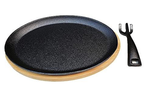 HAWOK Cast Iron Fajita pan with Bamboo Tray and Handle Set of 4 7