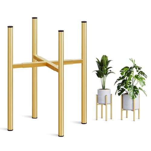 Rioneta Adjustable Metal Plant Stand Indoor, Mid Century Modern Outdoor Planter Holder for 8 to 14 Inch Pots, Heavy Duty 160 LB Load, Corner Floor Stand for Home Garden Decor Golden