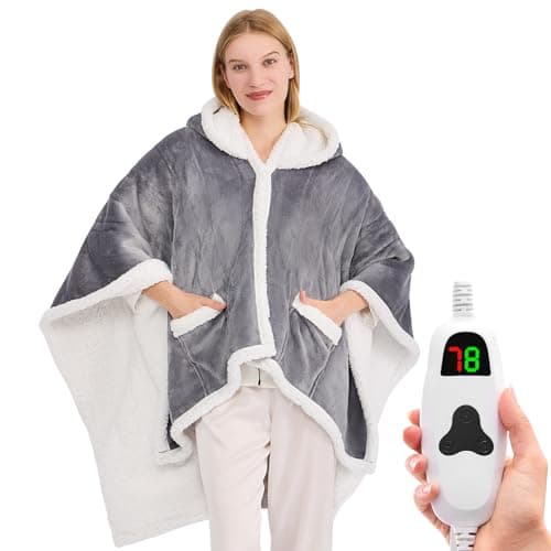 Wearable Heated Throw Blanket Electric Shawl ,Christmas Birthday Gifts for Grandma,Gift for Mom and Elderly Women,Heated Robe Poncho Blanket Hoodie for Adult, 5-Position Timer 10-Heating Levels,Grey