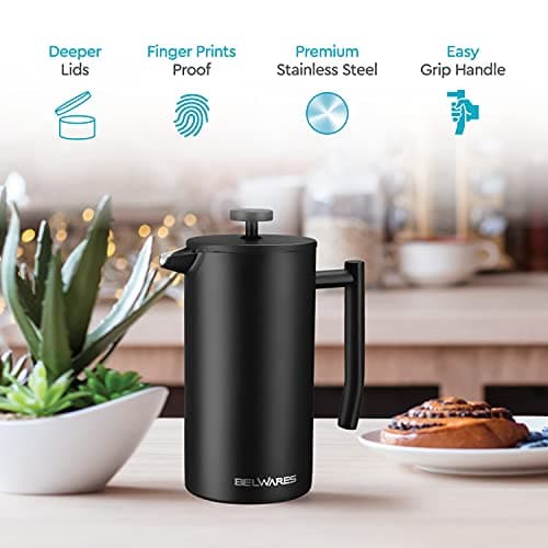 Belwares French Press Coffee Maker 50 OZ - Large Insulated Stainless Steel 304 Coffee Press with Double Wall & 4-Level Filtration System (Black - 1.5L) 6