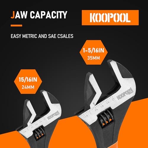 KOOPOOL Crescent Wrench Set, 2-Piece Adjustable Wrench Set, 6-Inch & 10-Inch Crescent Wrench, Wide Jaw, Black Oxide Finish, Metric & SAE Scales - Cr-V Steel for Home, Garage 5