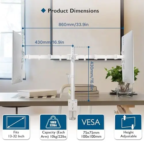 BONTEC Dual Monitor Desk Mount, Full Motion Adjustable White Monitor Stand for 13–27 Inch Screens, Heavy Duty Arms Hold 22 lbs Each, VESA 75x75/100x100, C Clamp and Grommet Base, Cable Management 3