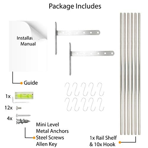 Wallniture Lyon Kitchen Organization and Storage Rack, Stainless Steel Metal Wall Shelf with 10 S Hooks for Hanging Pots and Pans, Chrome 8