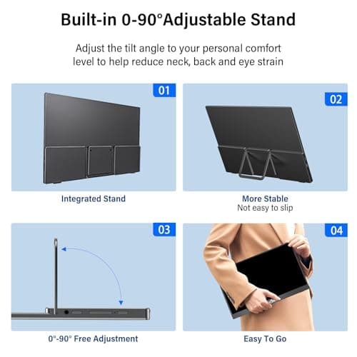 InnoView Portable Monitor 15.6" 1080P for Laptop with Protective Sleeve, Built-in 90° Adjustable Stand USB C HDMI Ultra-Slim Portable Laptop Monitor for MacBook Phone PS Xbox Switch 8