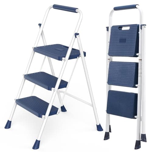NEWBULIG 3 Step Ladder, Collapsible Step Stool with Safety Lock, Anti-Slip Rubber Feet, Lightweight Portable Ladder for Home Office Garage, Blue
